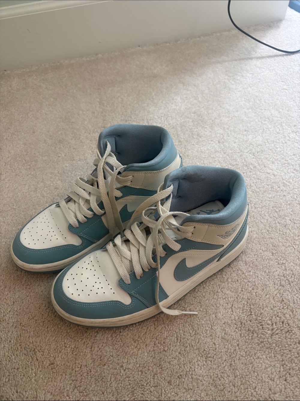 Nike Air Jordan 1 Mid White and Light Blue Sneakers